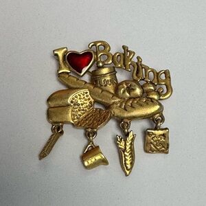 Vintage Danecraft I Love Baking Gold Tone Lapel Brooch with Charms.